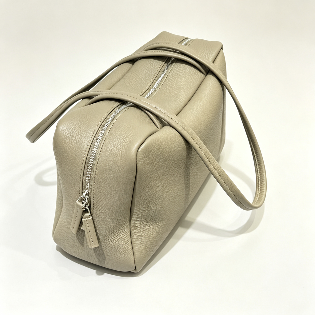The Row Astra Small Boston Bag | 30cm Pebbled Lambskin Barrel Bag | Sage Green Leather Handbag