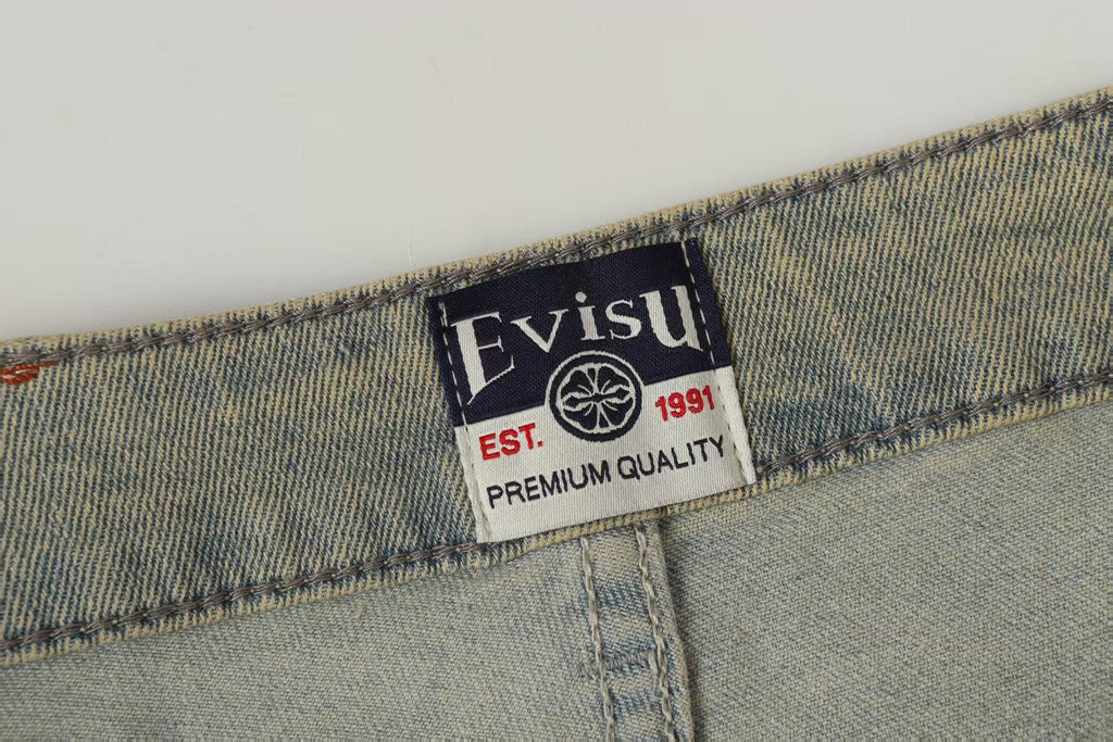 Evisu x Loewe Collaboration Men's Wide-Leg Jeans – Light Wash Embroidered Denim