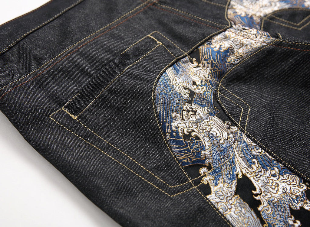 Evisu Men's "Great Wave" Ukiyo-e Embroidered Jeans – Raw Denim Japanese Streetwear
