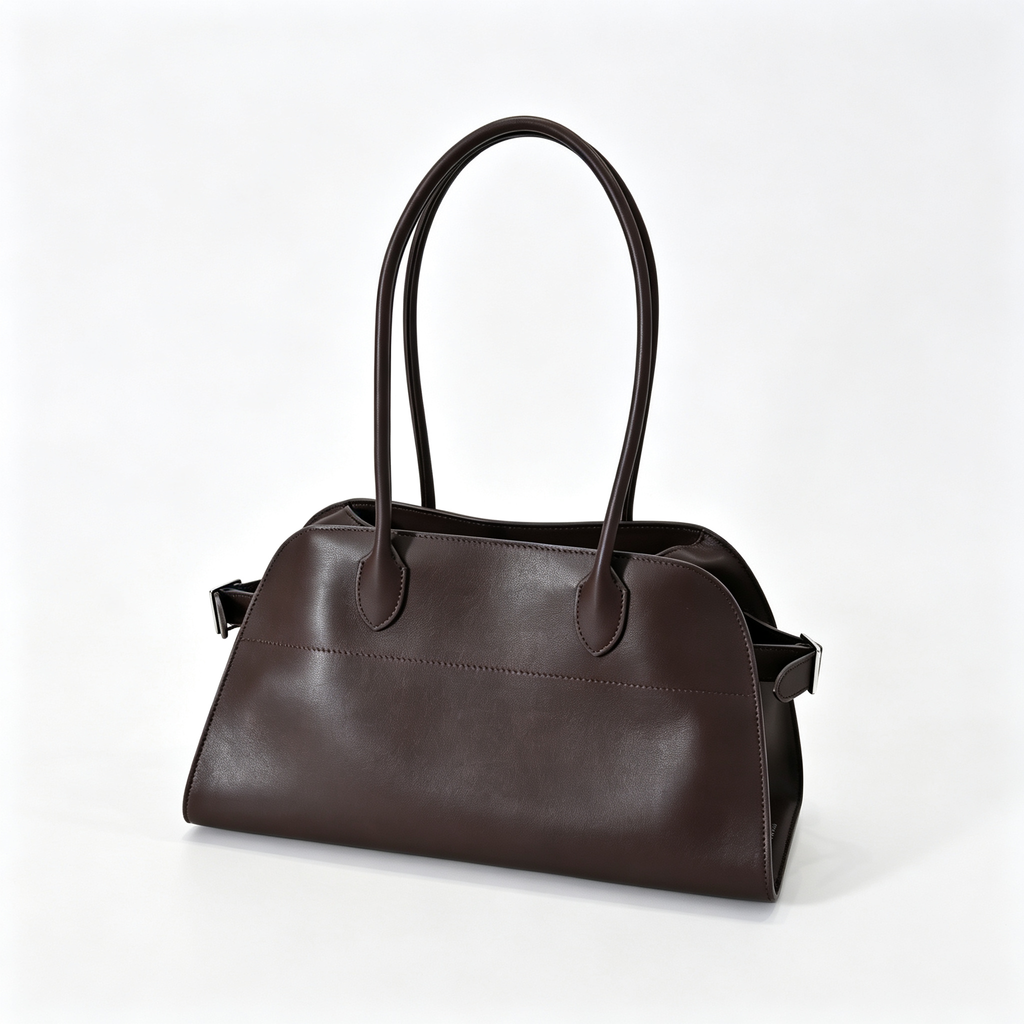 The Row Margaux 15 Smooth Calfskin Handbag | Large Leather Tote with Side Buckles | Black / Dark Chocolate