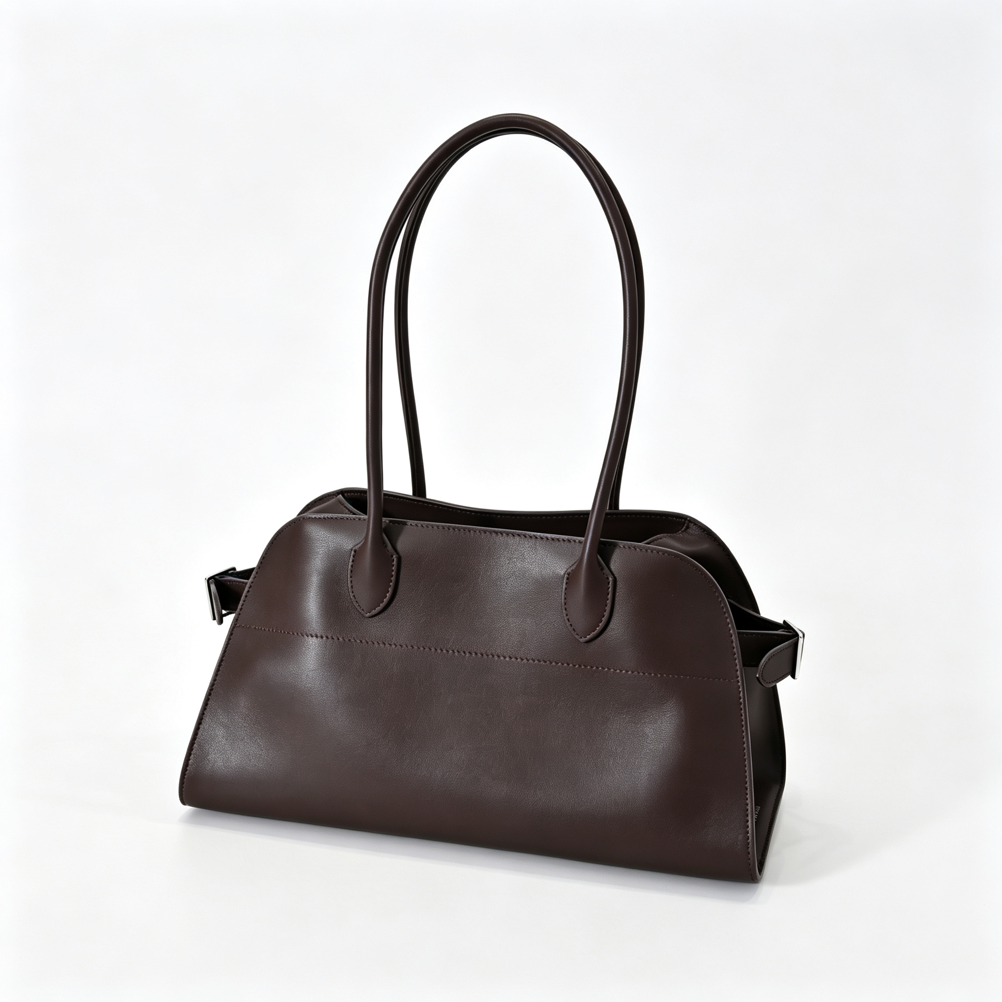 The Row Margaux 15 Smooth Calfskin Handbag | Large Leather Tote with Side Buckles | Black / Dark Chocolate