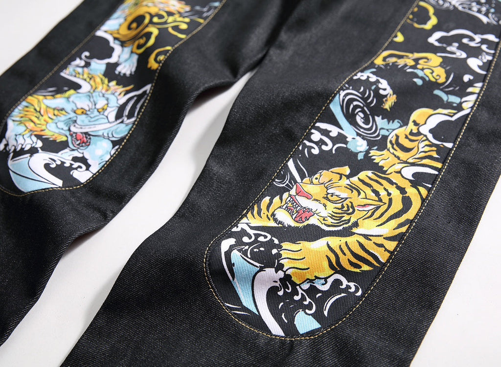 Evisu Men's "Dragon & Tiger" Ukiyo-e Embroidered Jeans – Raw Denim Japanese Streetwear