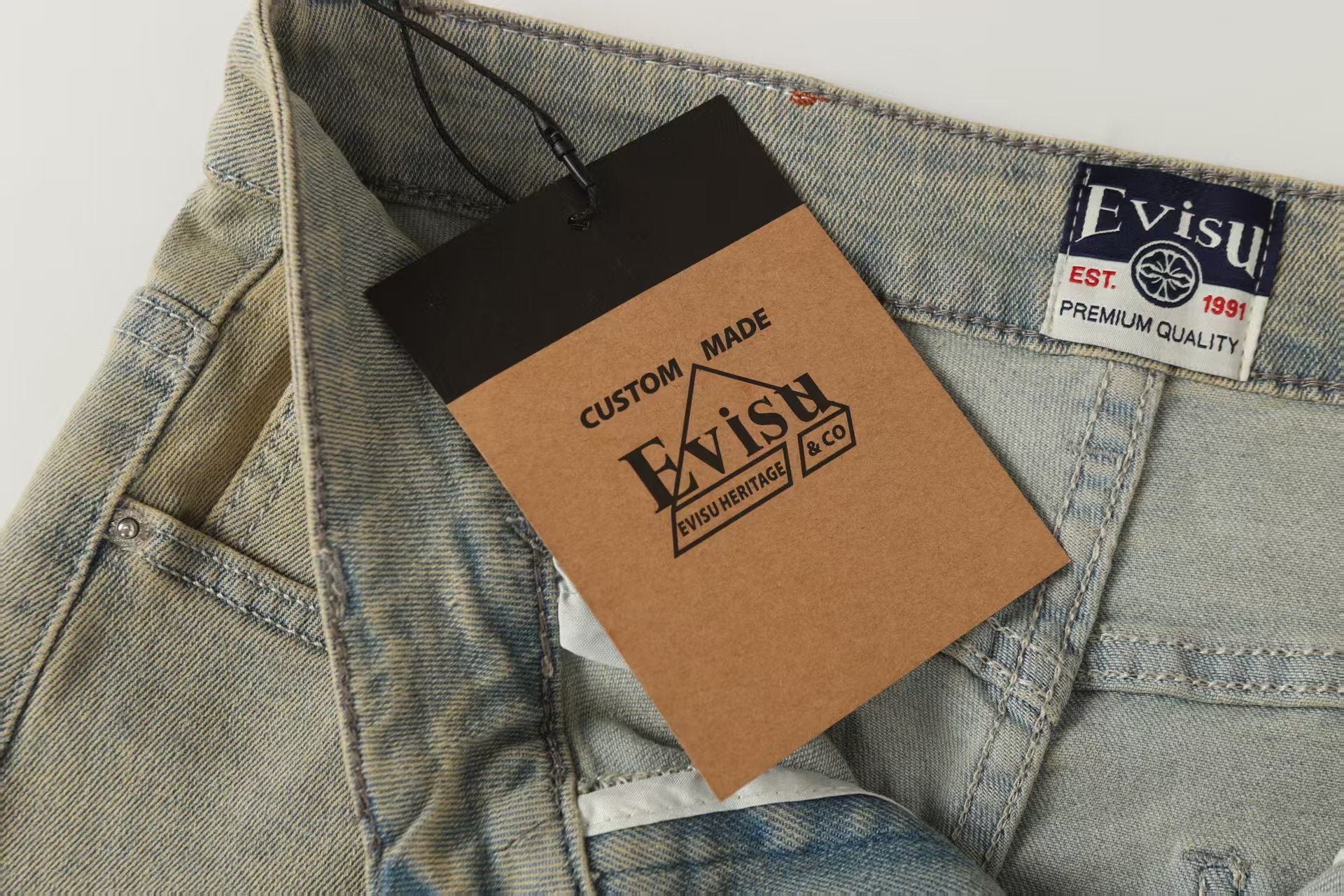 Evisu x Loewe Collaboration Men's Wide-Leg Jeans – Light Wash Embroidered Denim