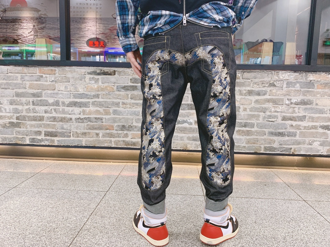 Evisu Men's "Great Wave" Ukiyo-e Embroidered Jeans – Raw Denim Japanese Streetwear