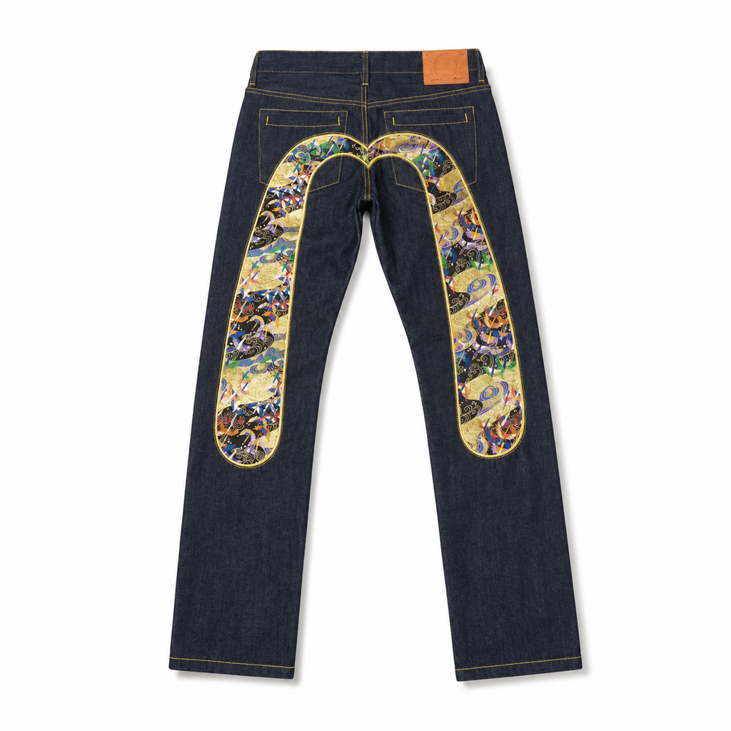 EVISU "God Crane" Embroidered Jacquard "Big M" Jeans