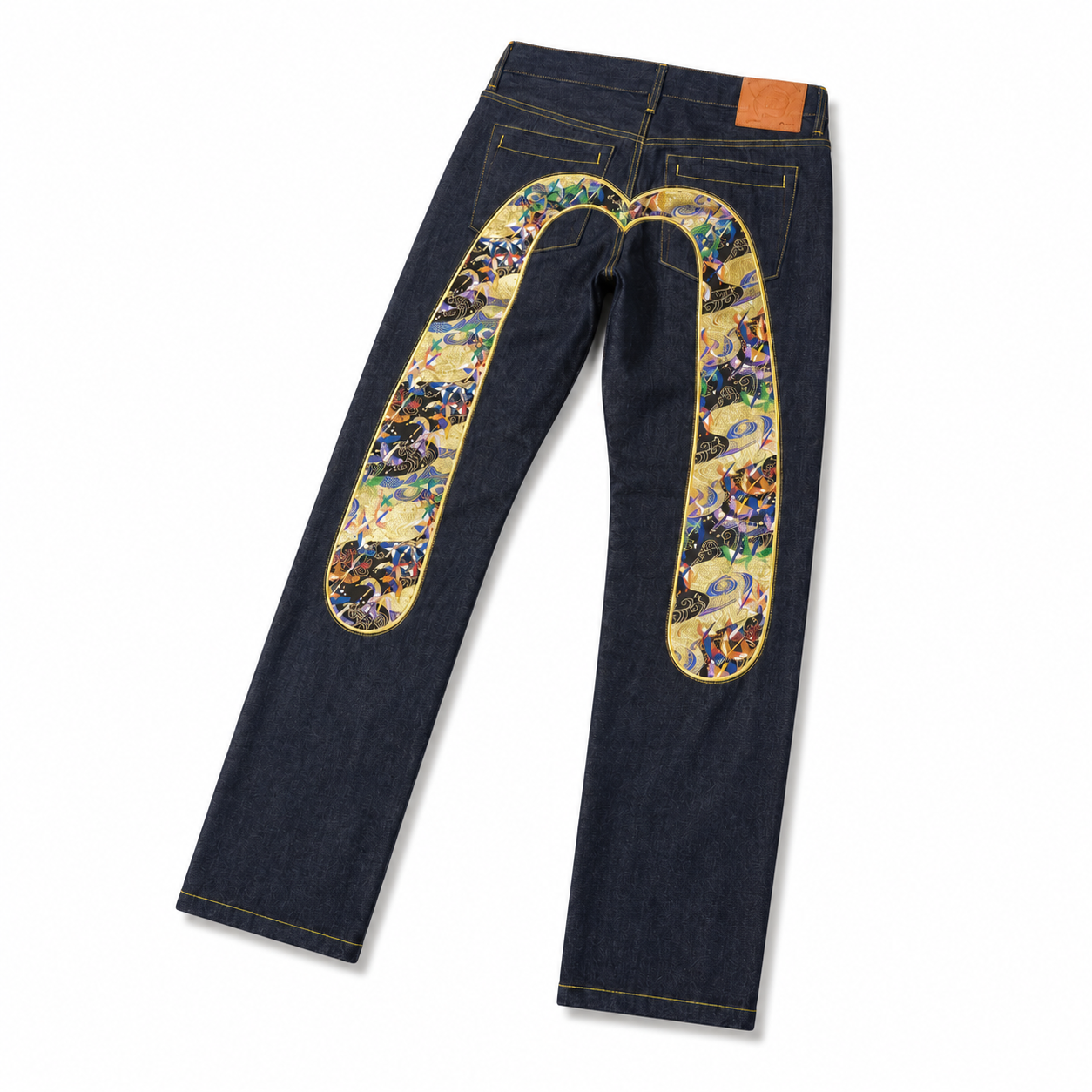 EVISU "God Crane" Embroidered Jacquard "Big M" Jeans