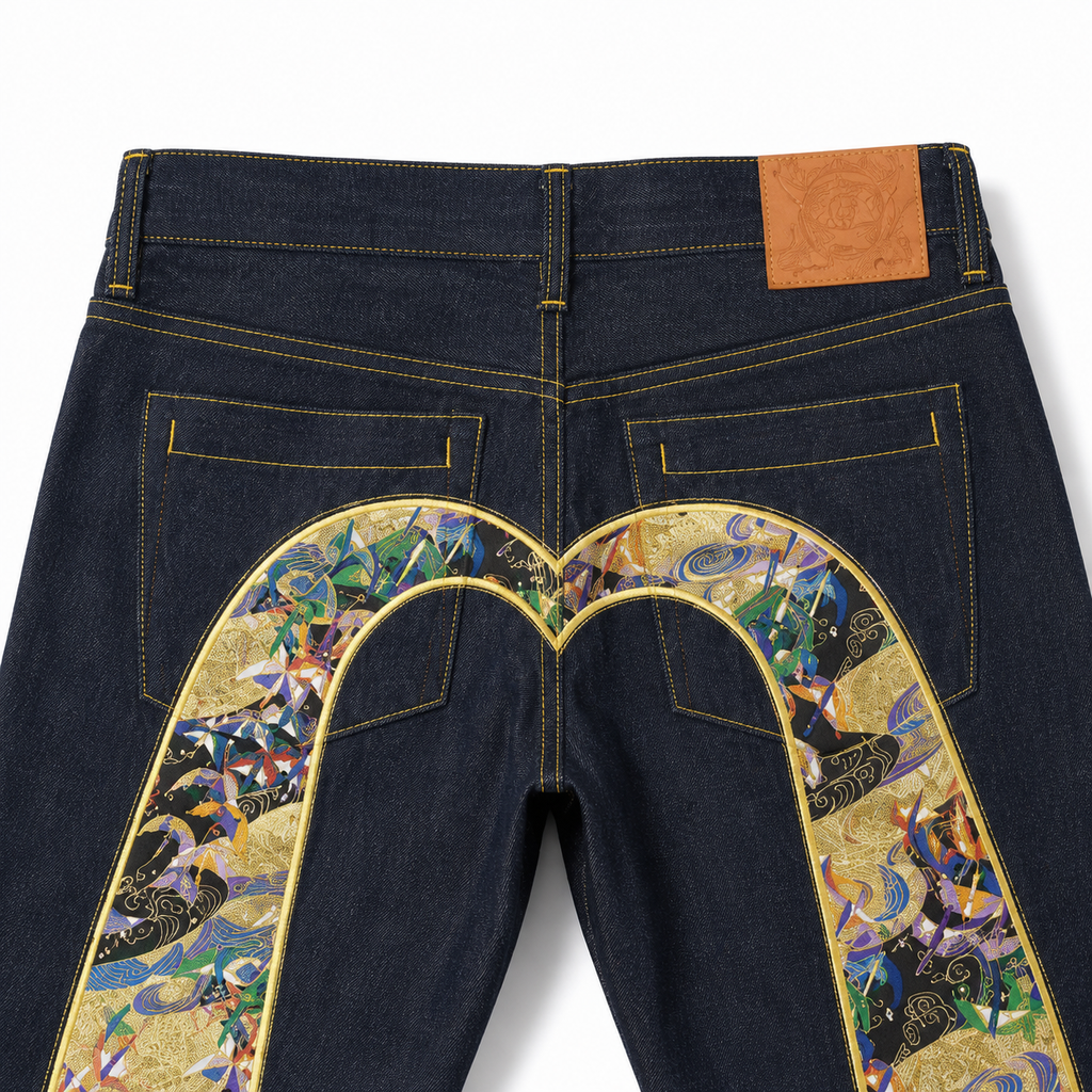 EVISU "God Crane" Embroidered Jacquard "Big M" Jeans