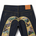 EVISU "God Crane" Embroidered Jacquard "Big M" Jeans
