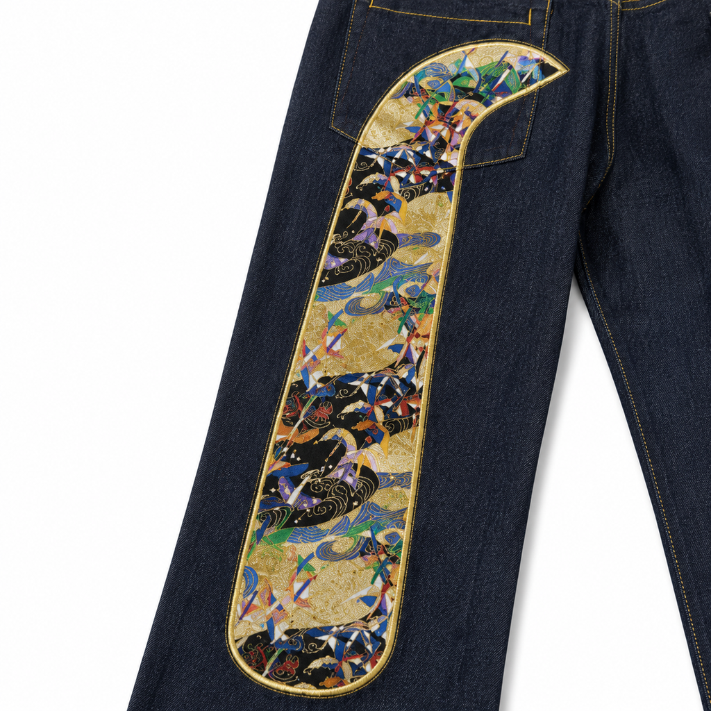 EVISU "God Crane" Embroidered Jacquard "Big M" Jeans