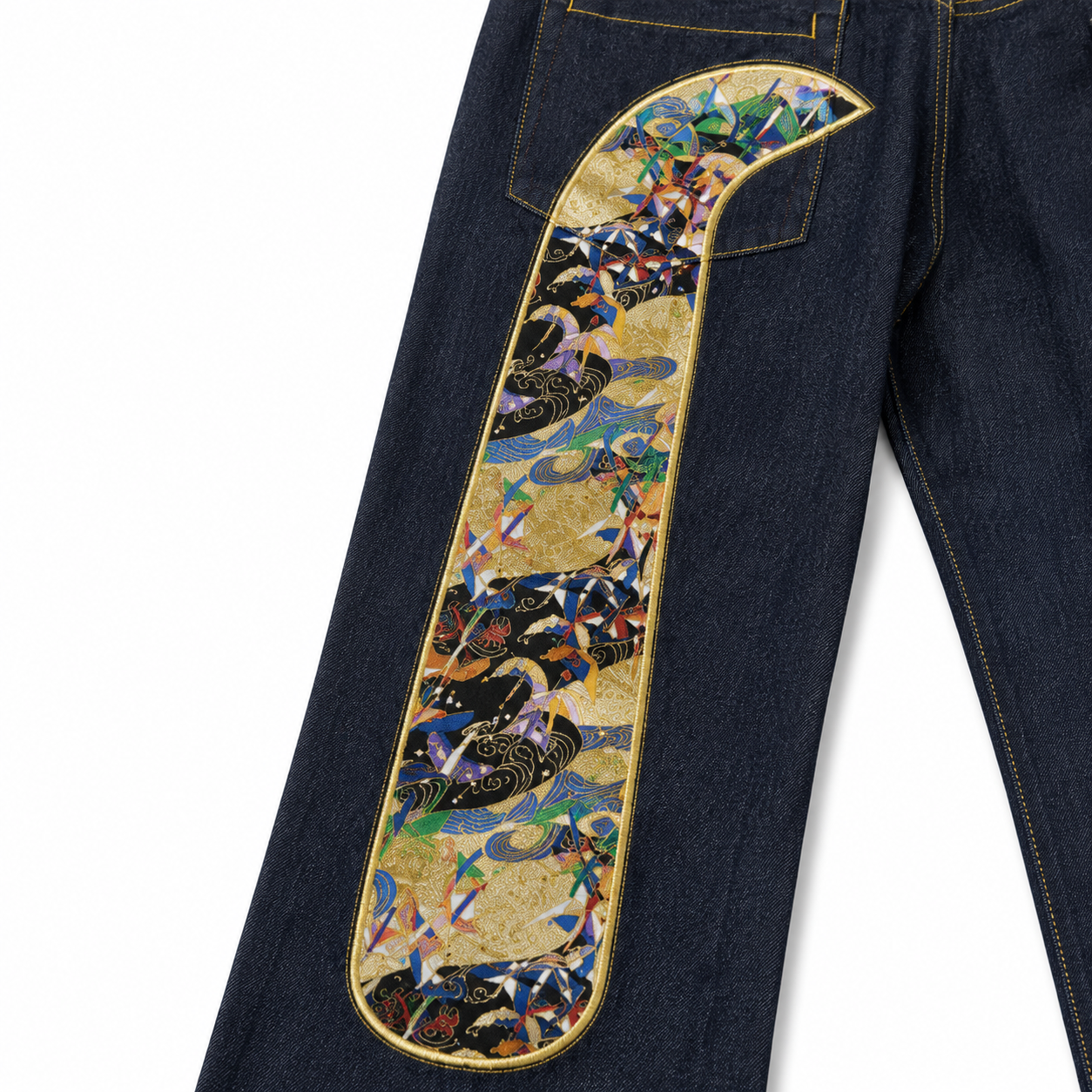 EVISU "God Crane" Embroidered Jacquard "Big M" Jeans