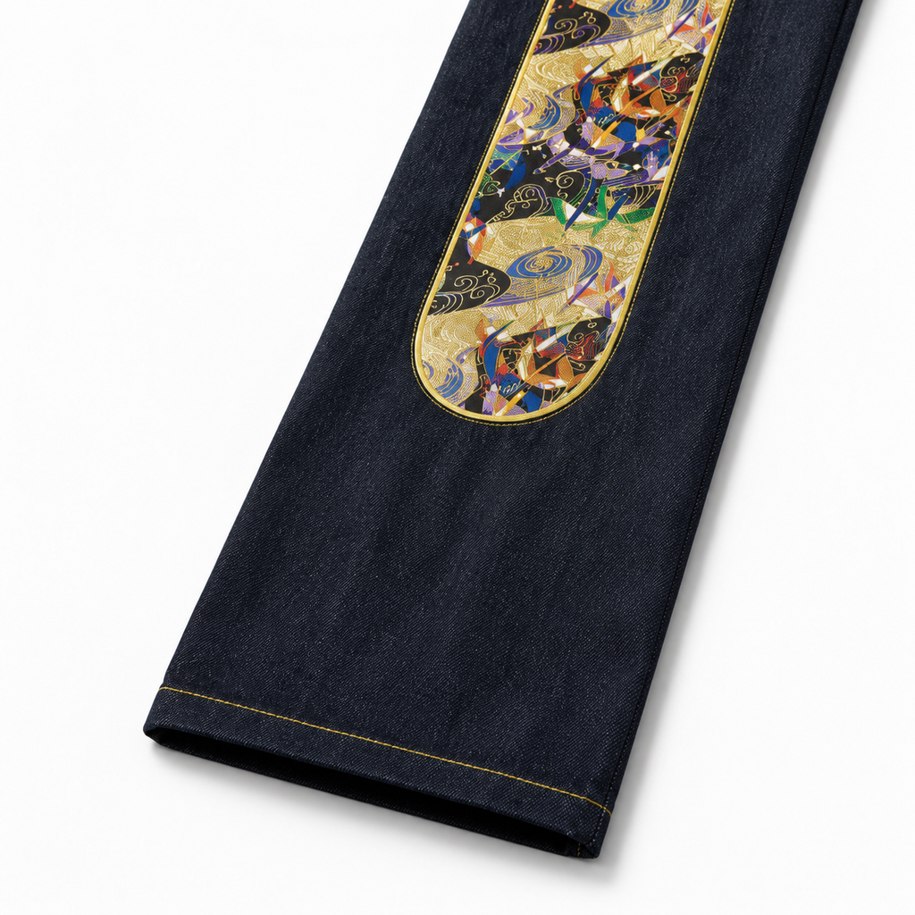 EVISU "God Crane" Embroidered Jacquard "Big M" Jeans