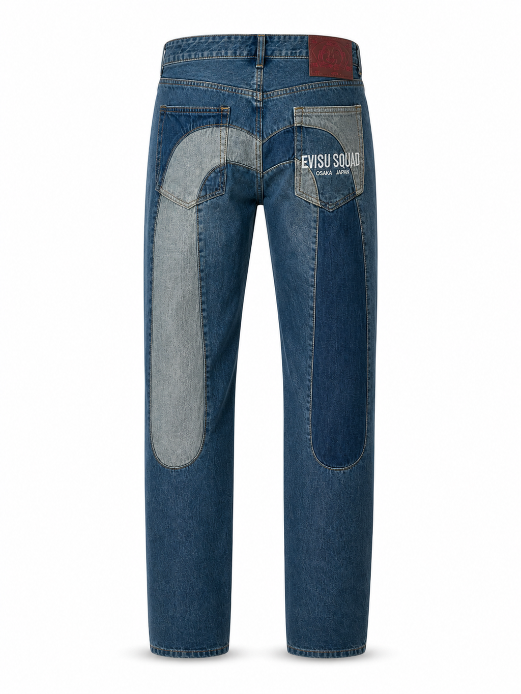 EVISU 22AW Deconstructed Patchwork Big M Straight-Leg Jeans – Vintage Denim Streetwear for Men