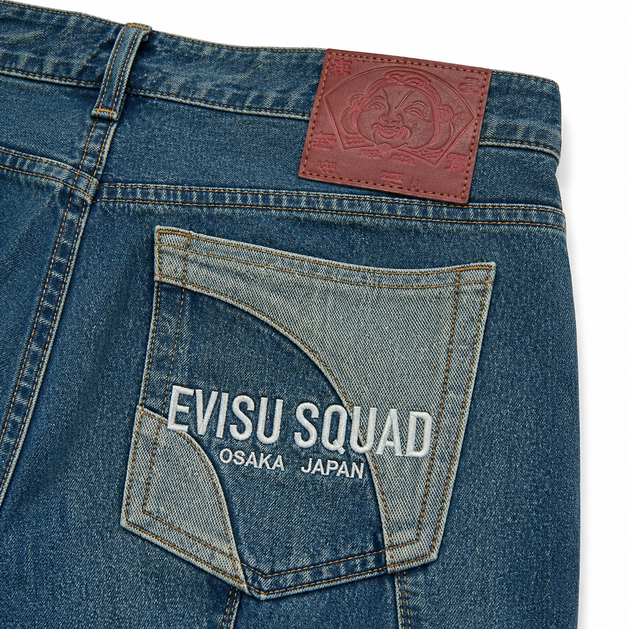 EVISU 22AW Deconstructed Patchwork Big M Straight-Leg Jeans – Vintage Denim Streetwear for Men