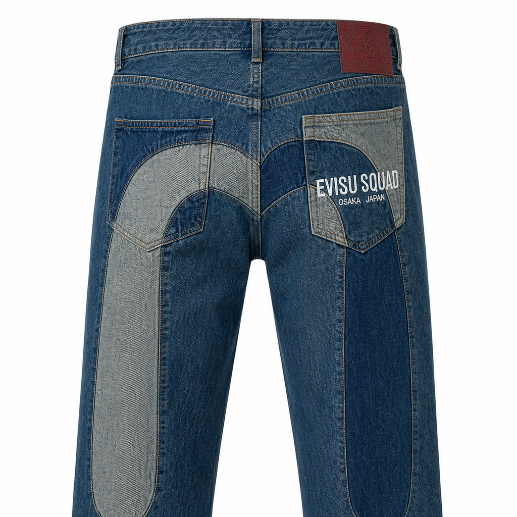 EVISU 22AW Deconstructed Patchwork Big M Straight-Leg Jeans – Vintage Denim Streetwear for Men