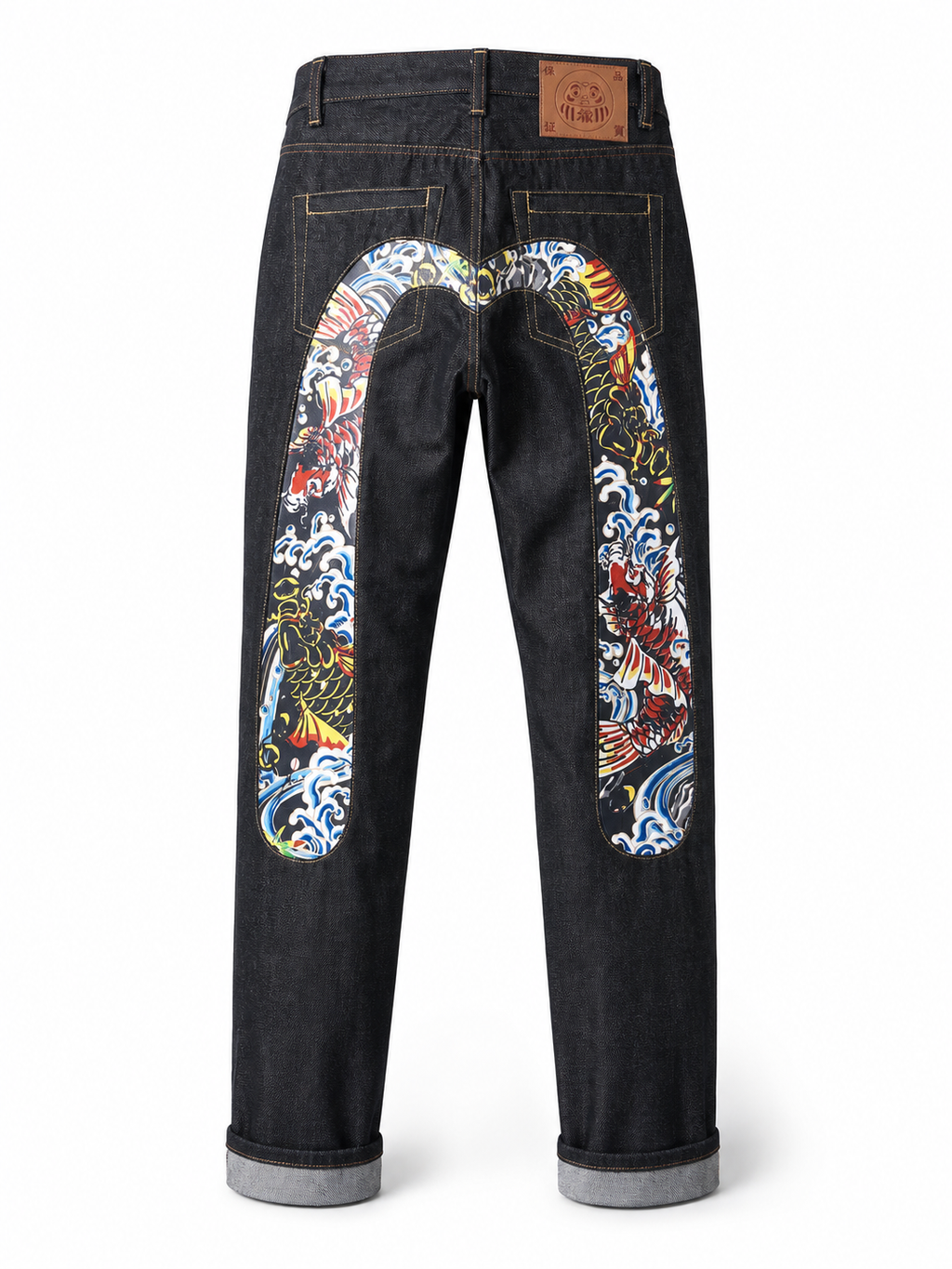 Evisu Men's Koi Fish Print Big M Raw Denim Jeans – Japanese Streetwear Straight Leg