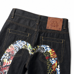 Evisu Men's Koi Fish Print Big M Raw Denim Jeans – Japanese Streetwear Straight Leg