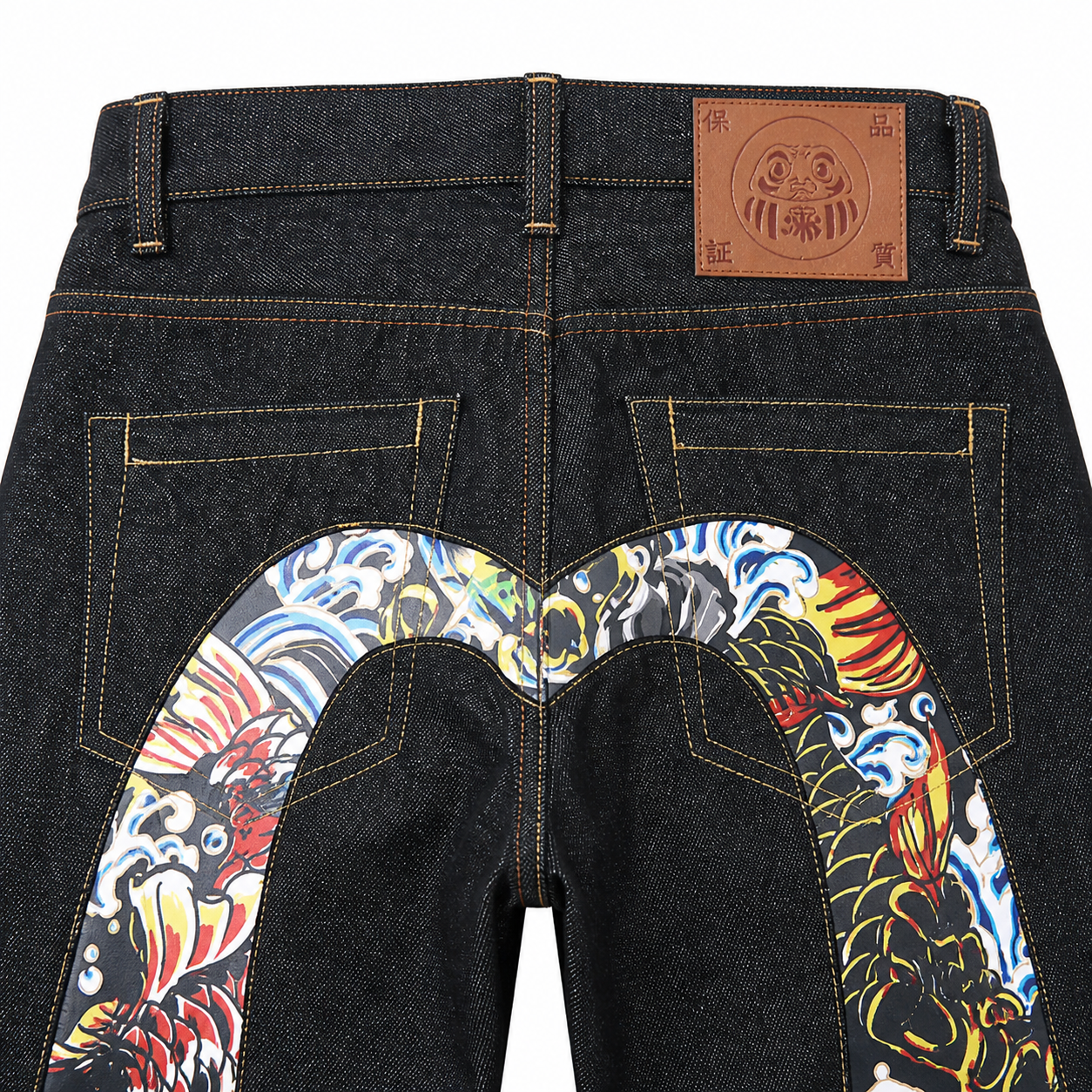 Evisu Men's Koi Fish Print Big M Raw Denim Jeans – Japanese Streetwear Straight Leg