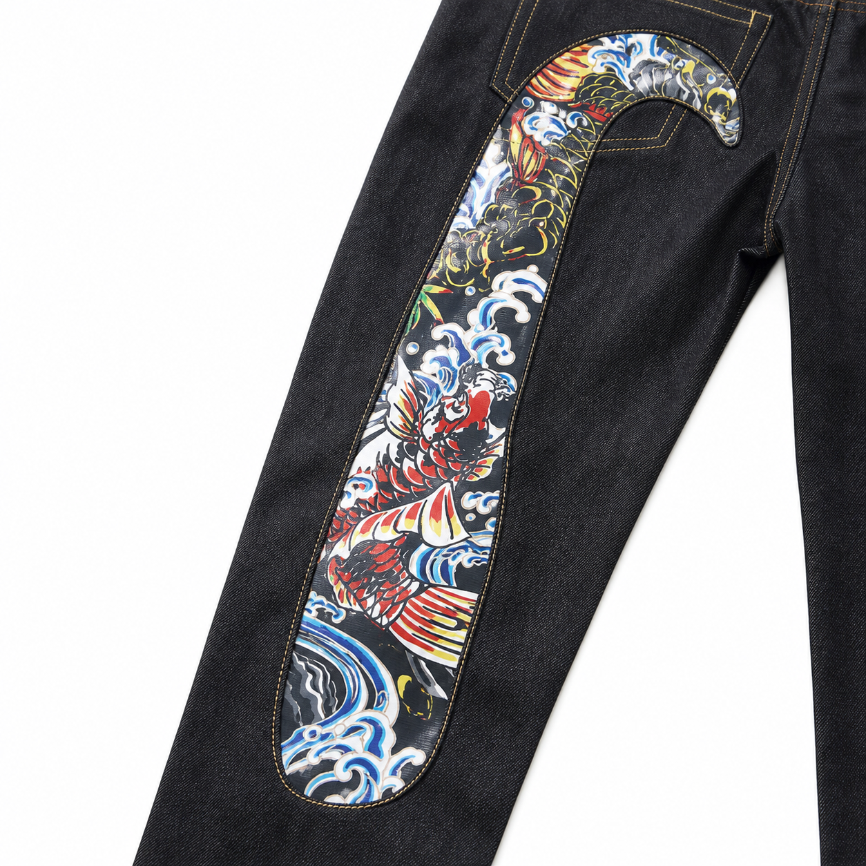 Evisu Men's Koi Fish Print Big M Raw Denim Jeans – Japanese Streetwear Straight Leg