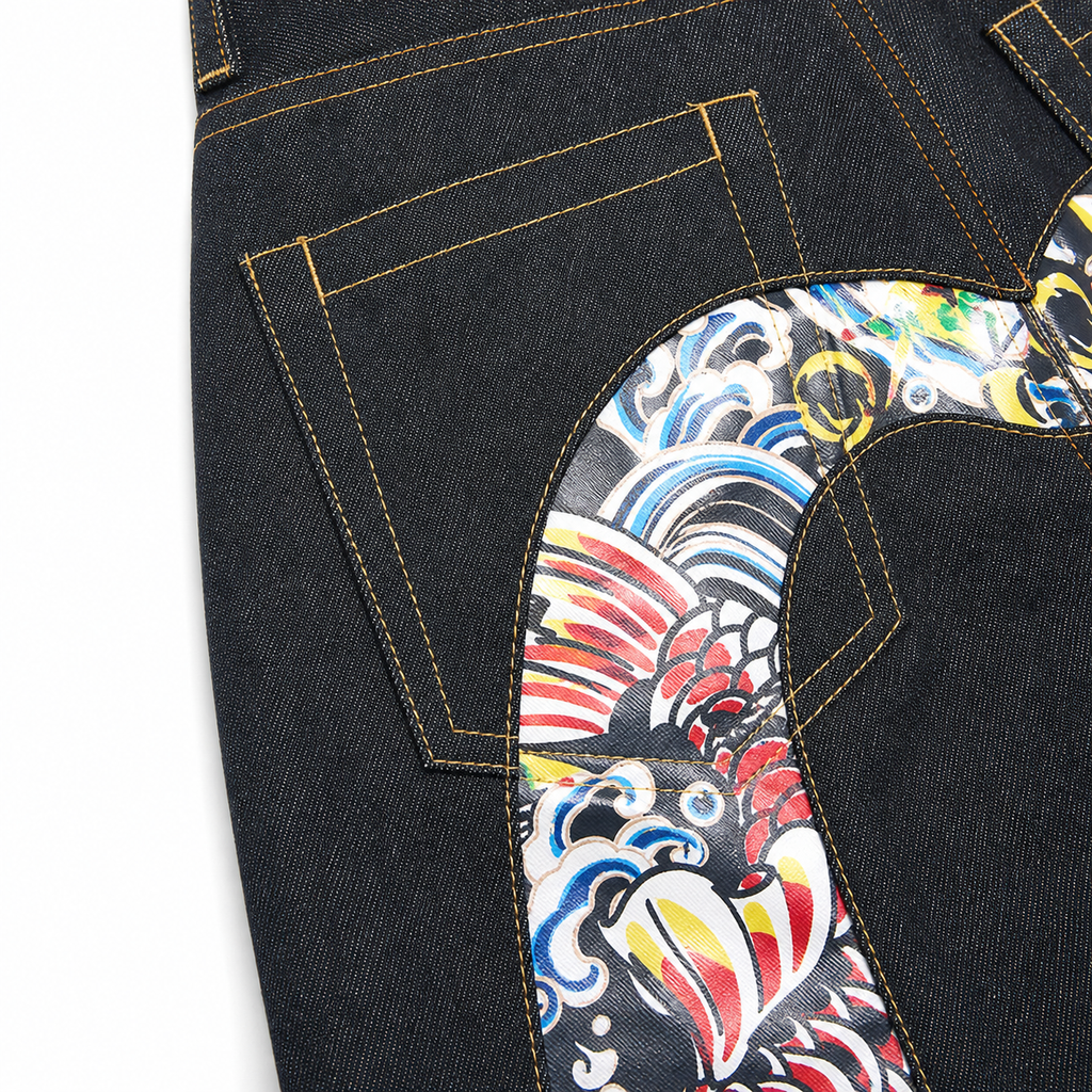 Evisu Men's Koi Fish Print Big M Raw Denim Jeans – Japanese Streetwear Straight Leg