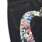 Evisu Men's Koi Fish Print Big M Raw Denim Jeans – Japanese Streetwear Straight Leg