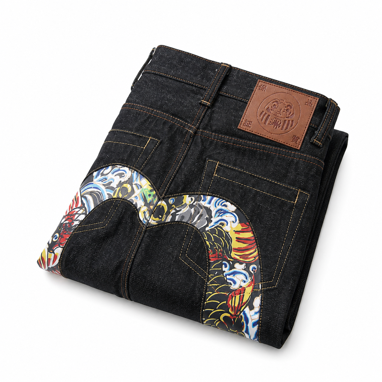 Evisu Men's Koi Fish Print Big M Raw Denim Jeans – Japanese Streetwear Straight Leg