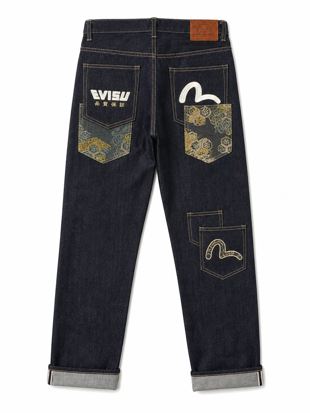 Evisu Men's Multi-Pocket Brocade Jeans - Japanese Streetwear with Kogin Embroidery & Raw Denim