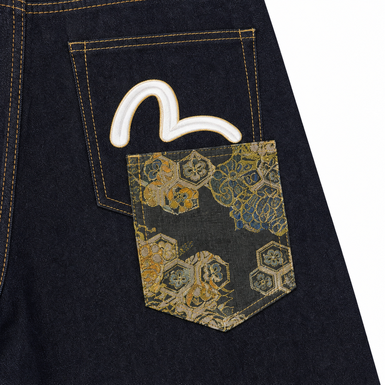 Evisu Men's Multi-Pocket Brocade Jeans - Japanese Streetwear with Kogin Embroidery & Raw Denim
