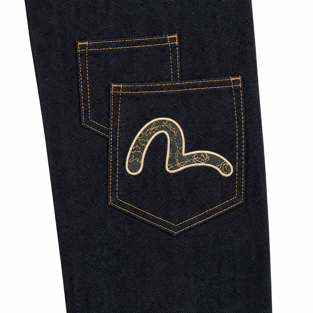 Evisu Men's Multi-Pocket Brocade Jeans - Japanese Streetwear with Kogin Embroidery & Raw Denim