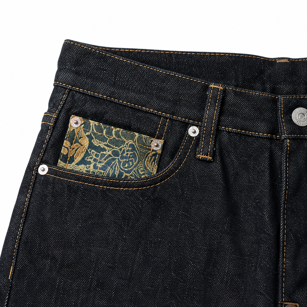 Evisu Men's Multi-Pocket Brocade Jeans - Japanese Streetwear with Kogin Embroidery & Raw Denim
