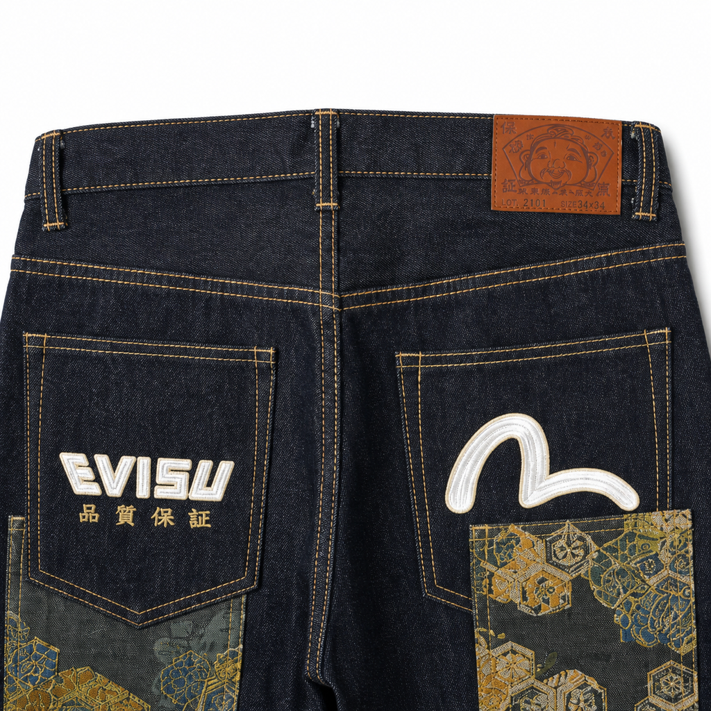 Evisu Men's Multi-Pocket Brocade Jeans - Japanese Streetwear with Kogin Embroidery & Raw Denim