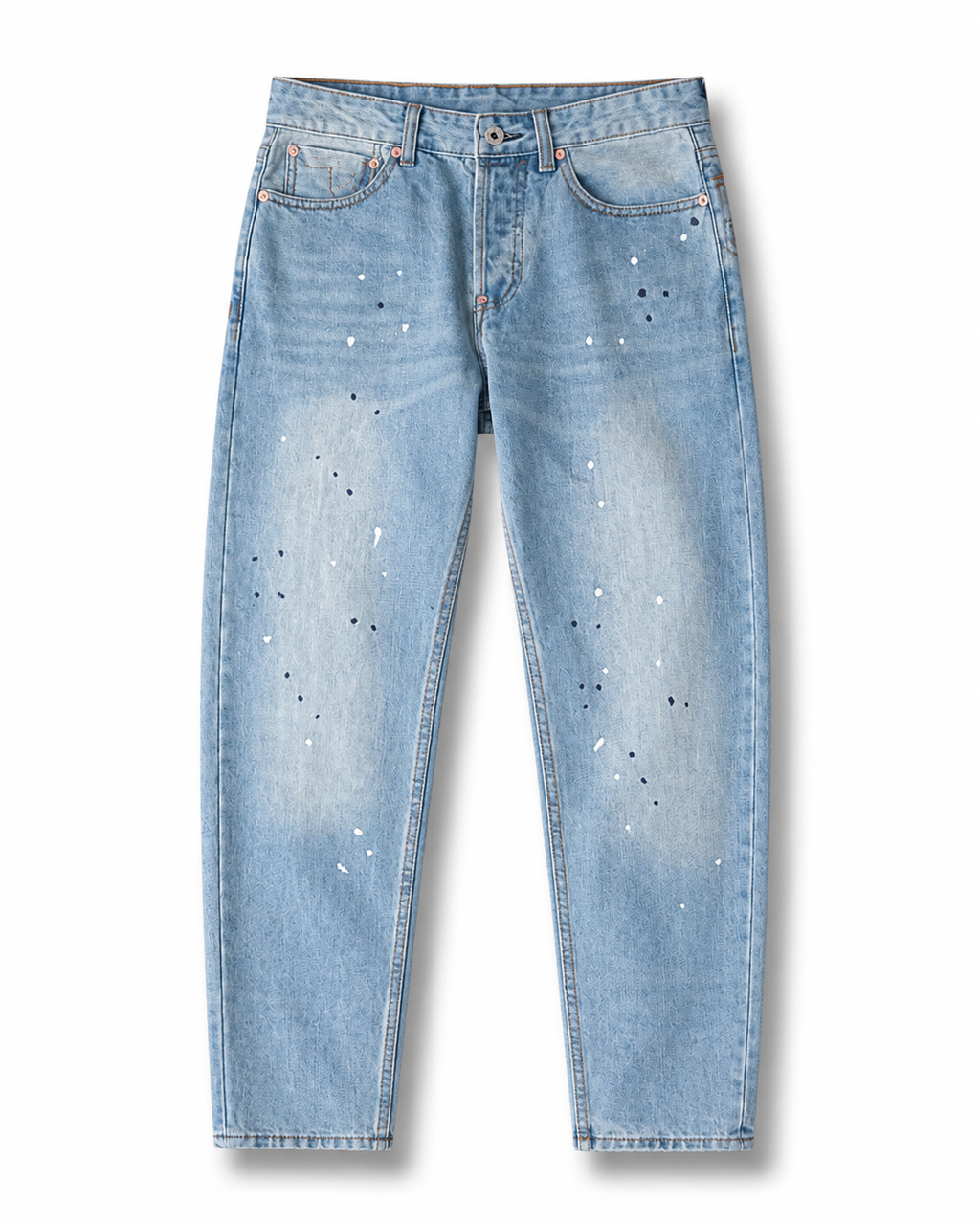 Evisu Men's Paint Splatter Wash Jeans – Dripping Big M Embroidery & Light Blue Denim
