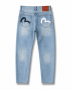 Evisu Men's Paint Splatter Wash Jeans – Dripping Big M Embroidery & Light Blue Denim