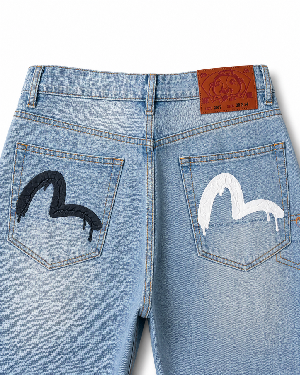Evisu Men's Paint Splatter Wash Jeans – Dripping Big M Embroidery & Light Blue Denim