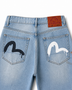 Evisu Men's Paint Splatter Wash Jeans – Dripping Big M Embroidery & Light Blue Denim