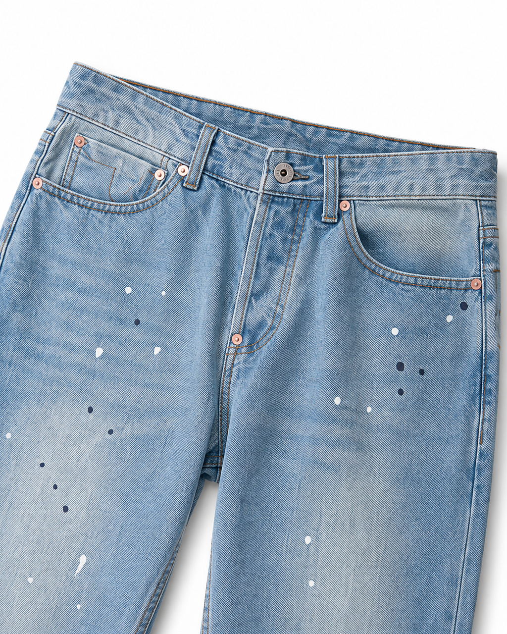 Evisu Men's Paint Splatter Wash Jeans – Dripping Big M Embroidery & Light Blue Denim