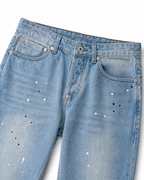 Evisu Men's Paint Splatter Wash Jeans – Dripping Big M Embroidery & Light Blue Denim