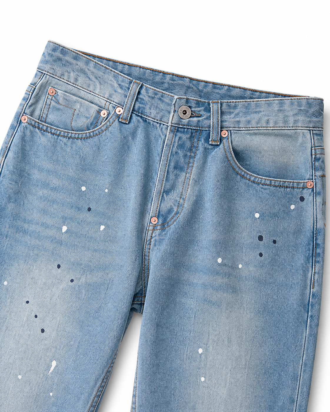 Evisu Men's Paint Splatter Wash Jeans – Dripping Big M Embroidery & Light Blue Denim