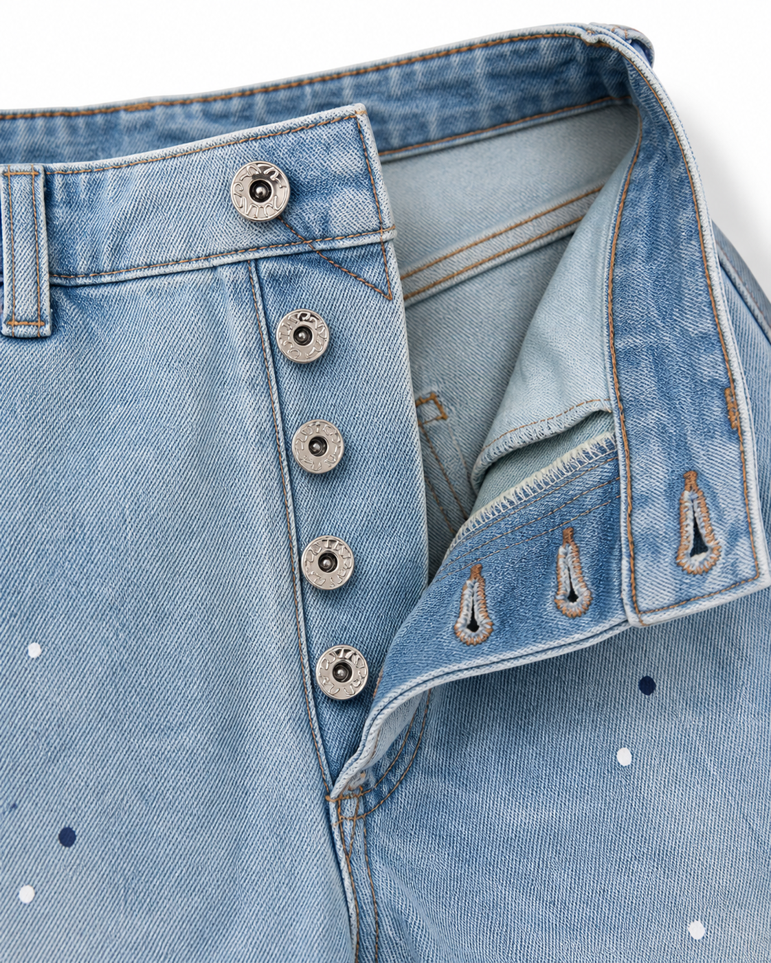 Evisu Men's Paint Splatter Wash Jeans – Dripping Big M Embroidery & Light Blue Denim