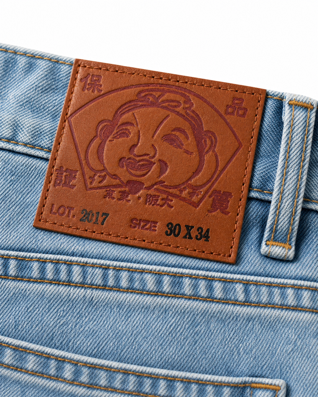 Evisu Men's Paint Splatter Wash Jeans – Dripping Big M Embroidery & Light Blue Denim
