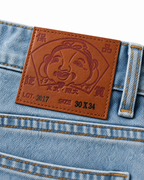 Evisu Men's Paint Splatter Wash Jeans – Dripping Big M Embroidery & Light Blue Denim