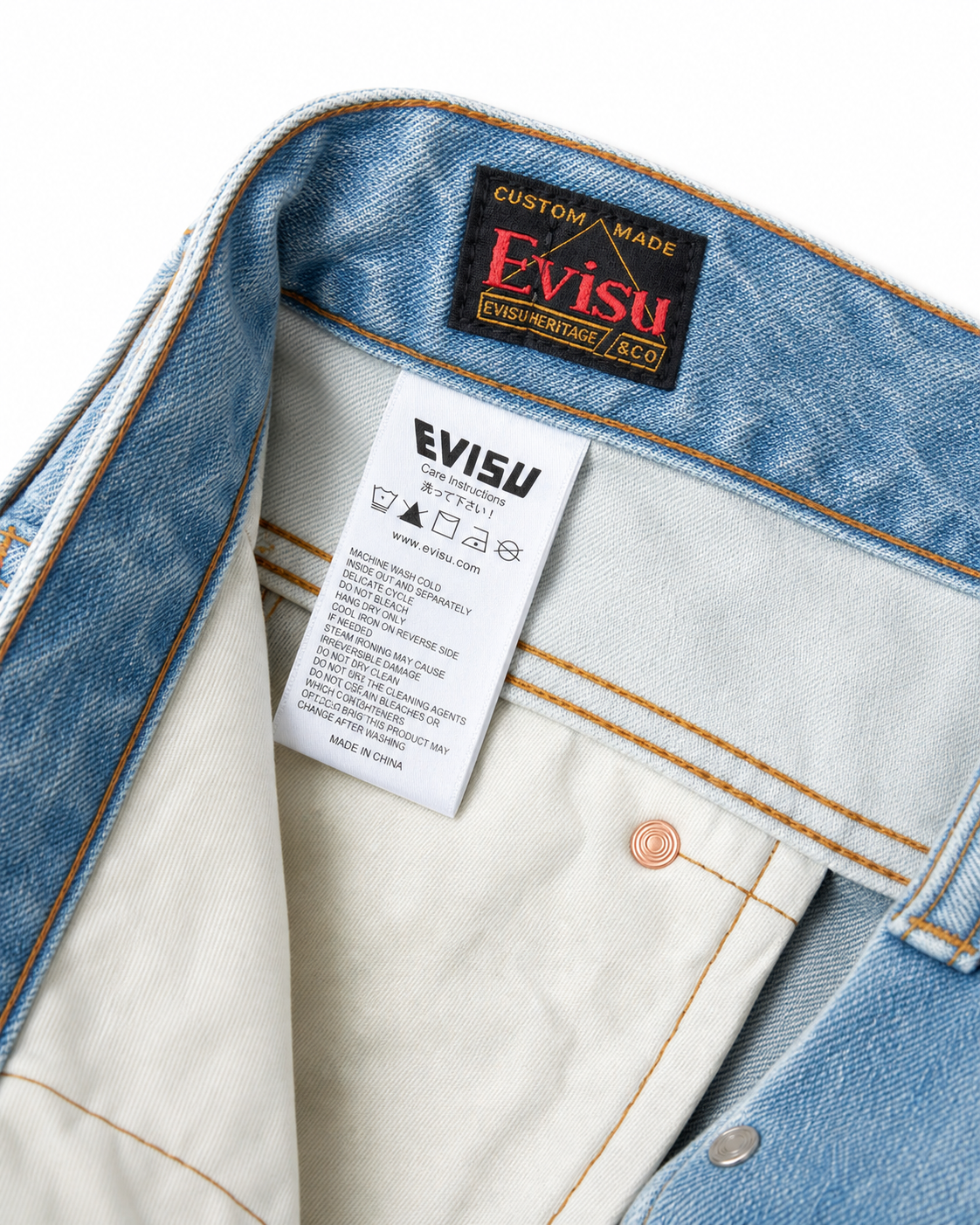 Evisu Men's Paint Splatter Wash Jeans – Dripping Big M Embroidery & Light Blue Denim