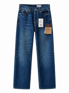 Evisu Men's Wide-Leg Jeans with Floral Appliqué – Mid-Blue Wash & Signature Branding
