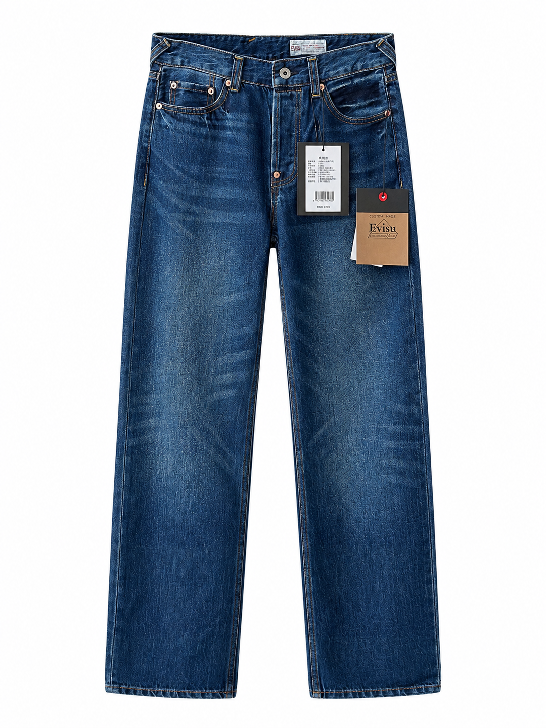 Evisu Men's Wide-Leg Jeans with Floral Appliqué – Mid-Blue Wash & Signature Branding
