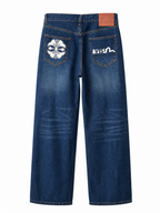 Evisu Men's Wide-Leg Jeans with Floral Appliqué – Mid-Blue Wash & Signature Branding