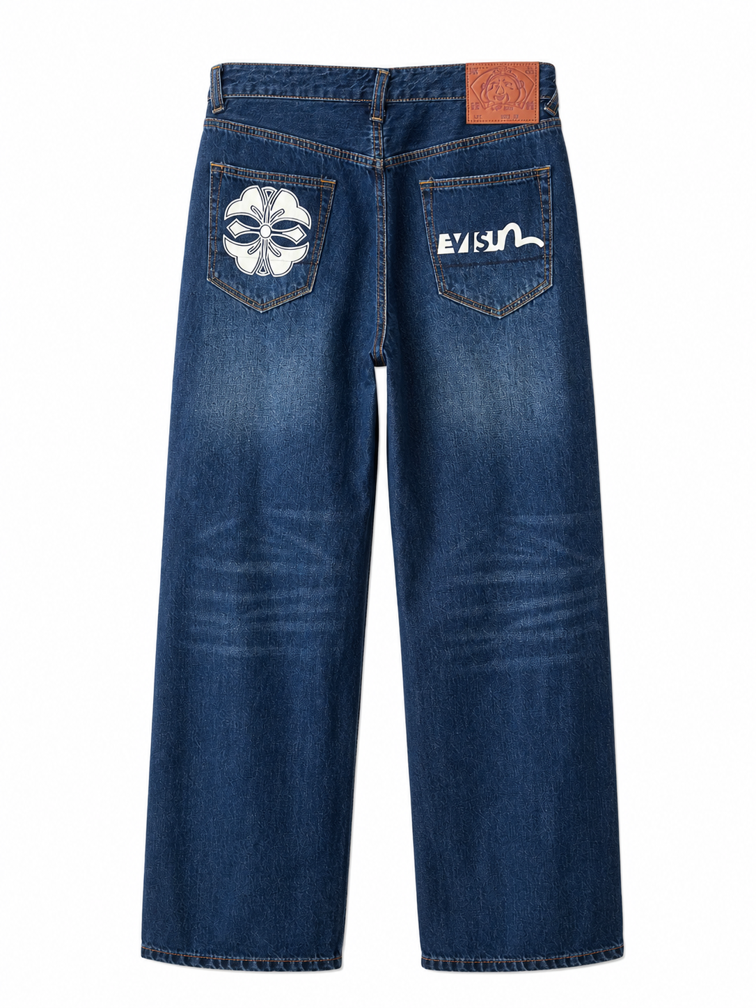 Evisu Men's Wide-Leg Jeans with Floral Appliqué – Mid-Blue Wash & Signature Branding