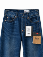 Evisu Men's Wide-Leg Jeans with Floral Appliqué – Mid-Blue Wash & Signature Branding