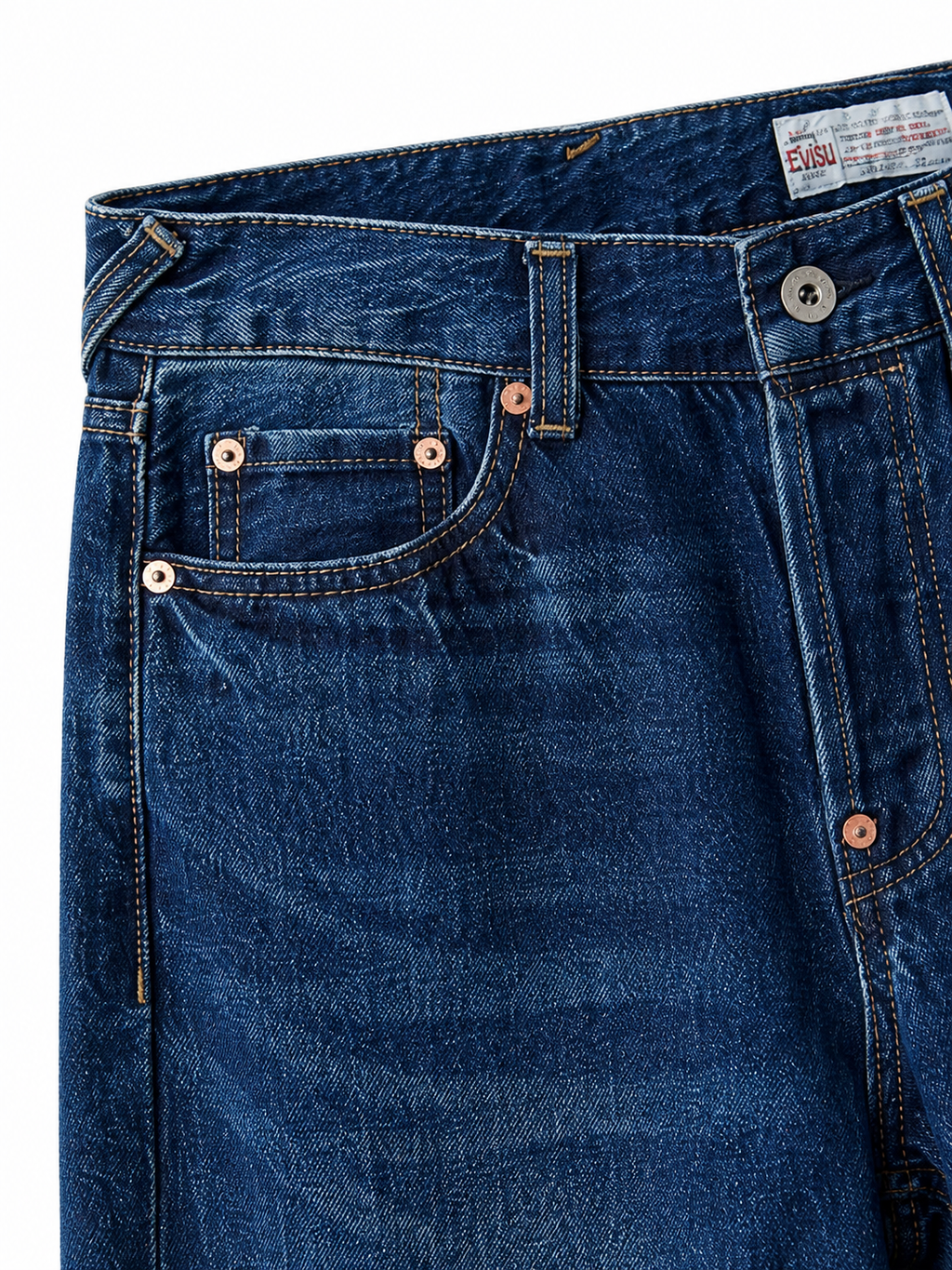 Evisu Men's Wide-Leg Jeans with Floral Appliqué – Mid-Blue Wash & Signature Branding