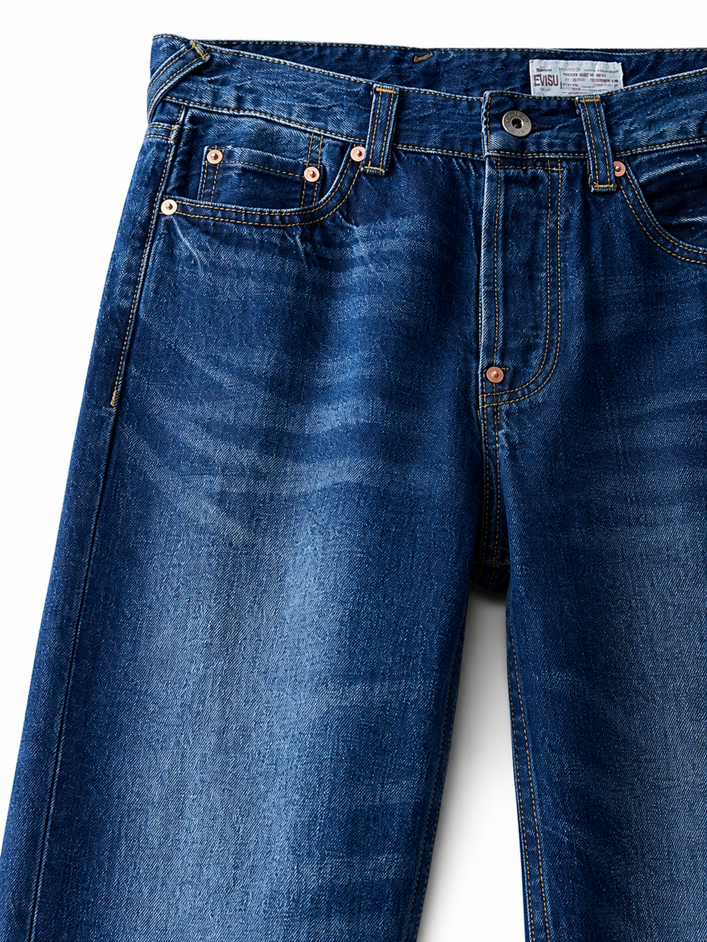 Evisu Men's Wide-Leg Jeans with Floral Appliqué – Mid-Blue Wash & Signature Branding