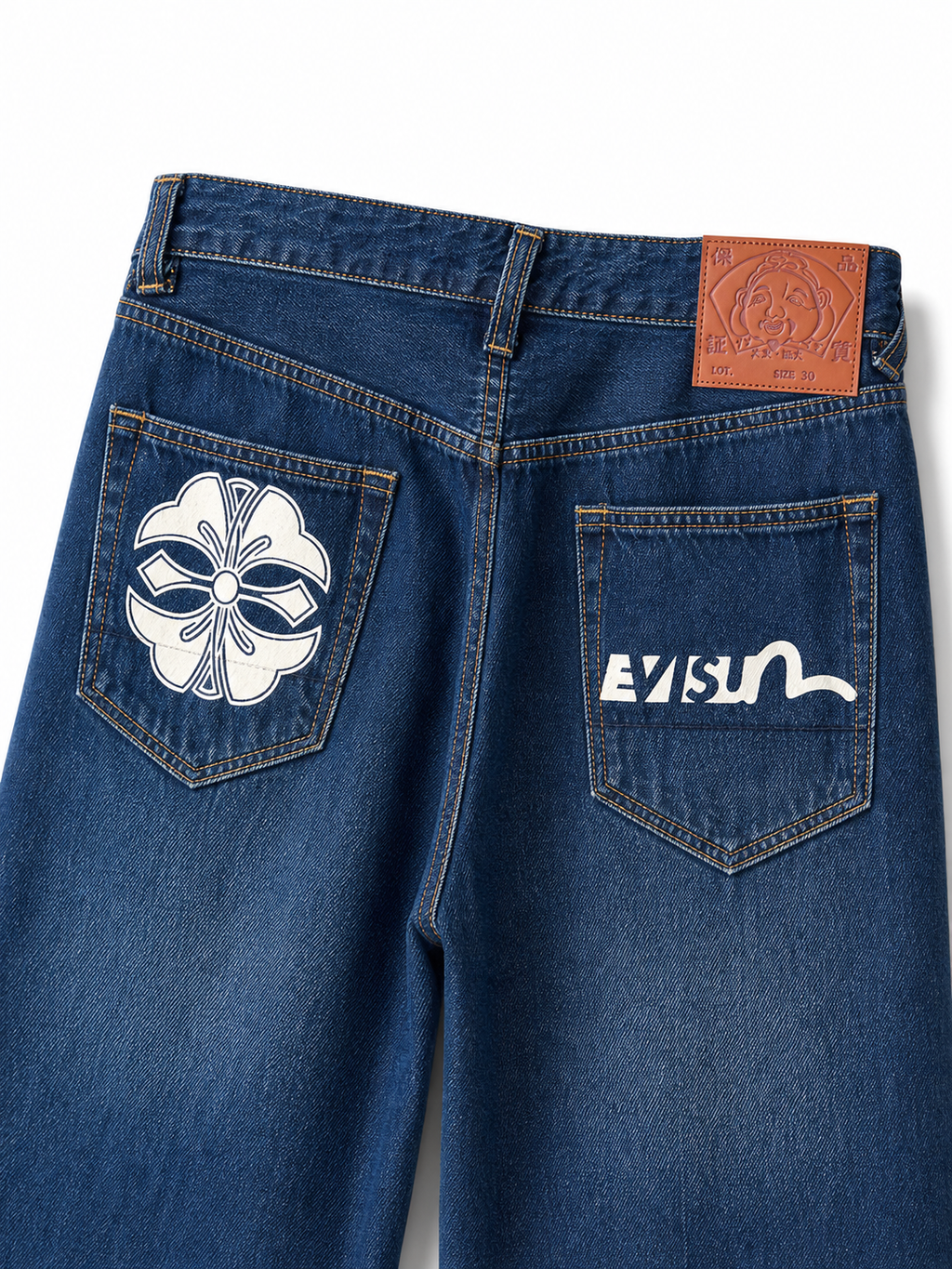 Evisu Men's Wide-Leg Jeans with Floral Appliqué – Mid-Blue Wash & Signature Branding
