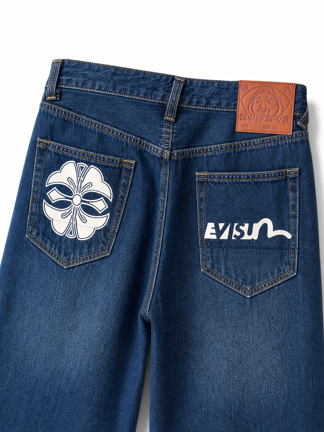 Evisu Men's Wide-Leg Jeans with Floral Appliqué – Mid-Blue Wash & Signature Branding